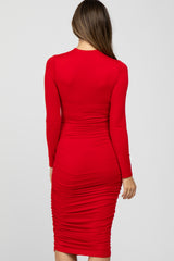 Red Fitted Ruched Cutout Neckline Maternity Midi Dress