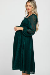 Forest Green Long Sleeve Smocked Bodice Maternity Midi Dress