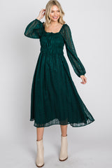 Forest Green Long Sleeve Smocked Bodice Maternity Midi Dress