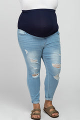 Light Blue Distressed Rolled Hem Maternity Plus Crop Jeans