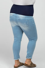 Light Blue Distressed Rolled Hem Maternity Plus Crop Jeans