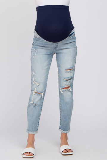 Light Blue Distressed Open Knee Maternity Jeans