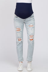 Light Blue Distressed Open Knee Cuffed Maternity Jeans