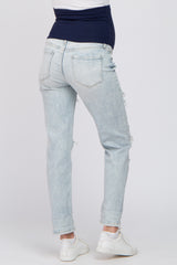 Light Blue Distressed Open Knee Cuffed Maternity Jeans
