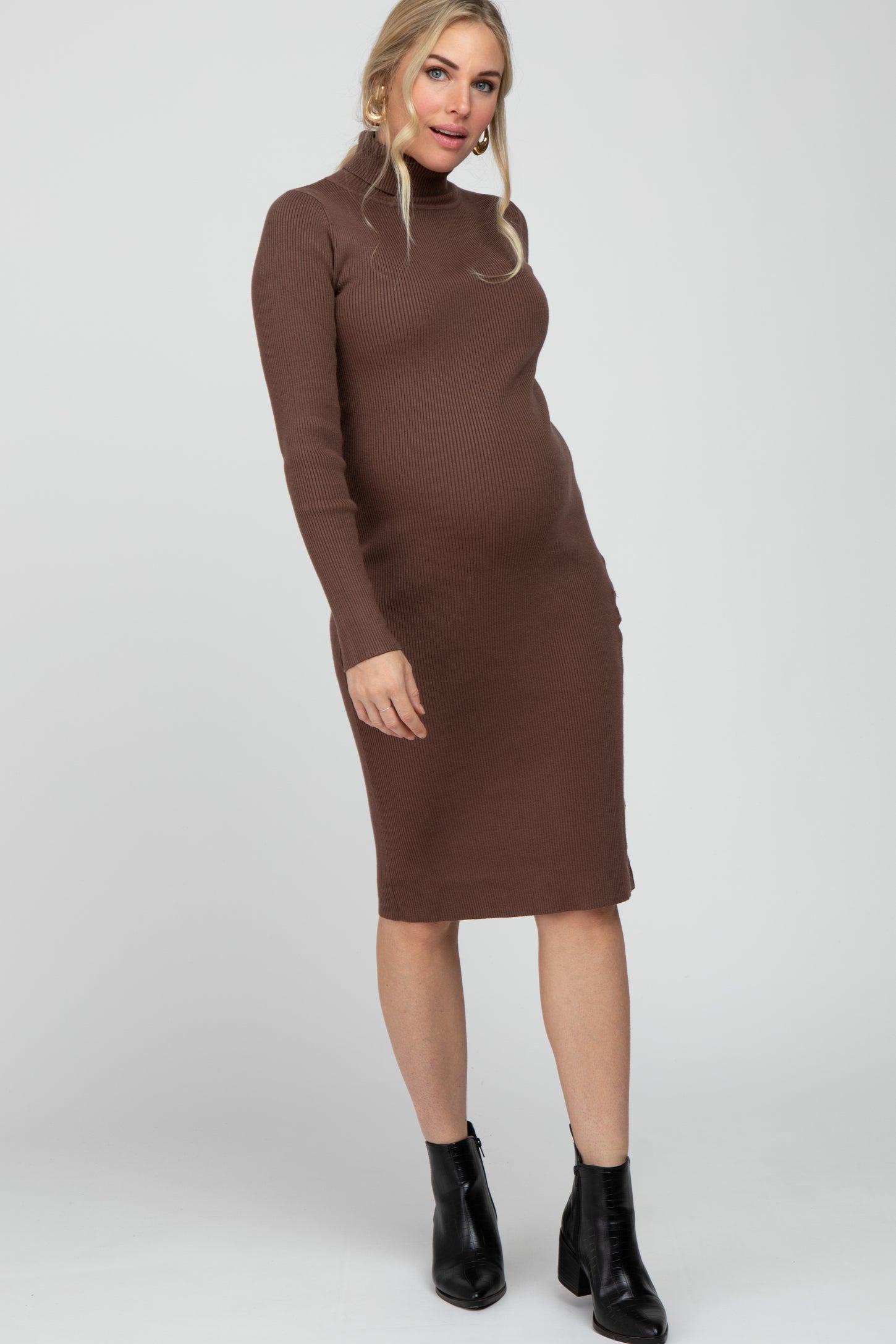 Brown Ribbed Turtleneck Button Accent Maternity Midi Dress