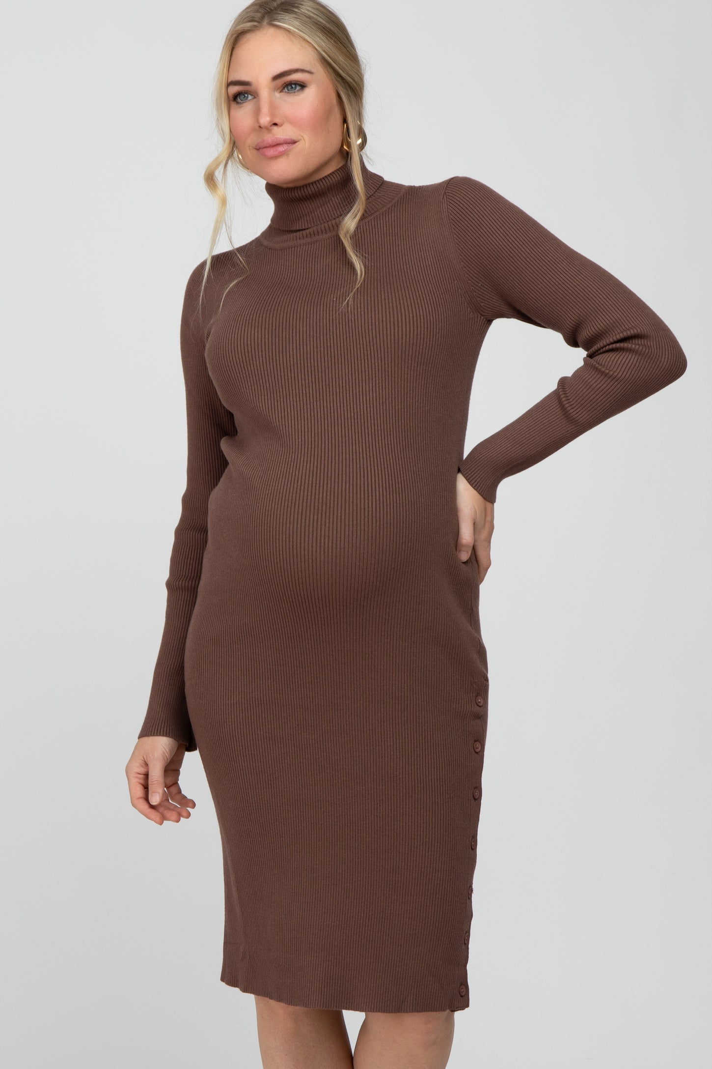 Brown Ribbed Turtleneck Button Accent Maternity Midi Dress