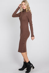 Brown Ribbed Turtleneck Button Accent Midi Dress