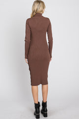 Brown Ribbed Turtleneck Button Accent Midi Dress