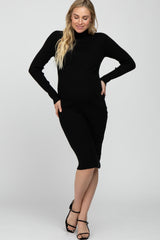 Black Ribbed Turtleneck Button Accent Maternity Midi Dress
