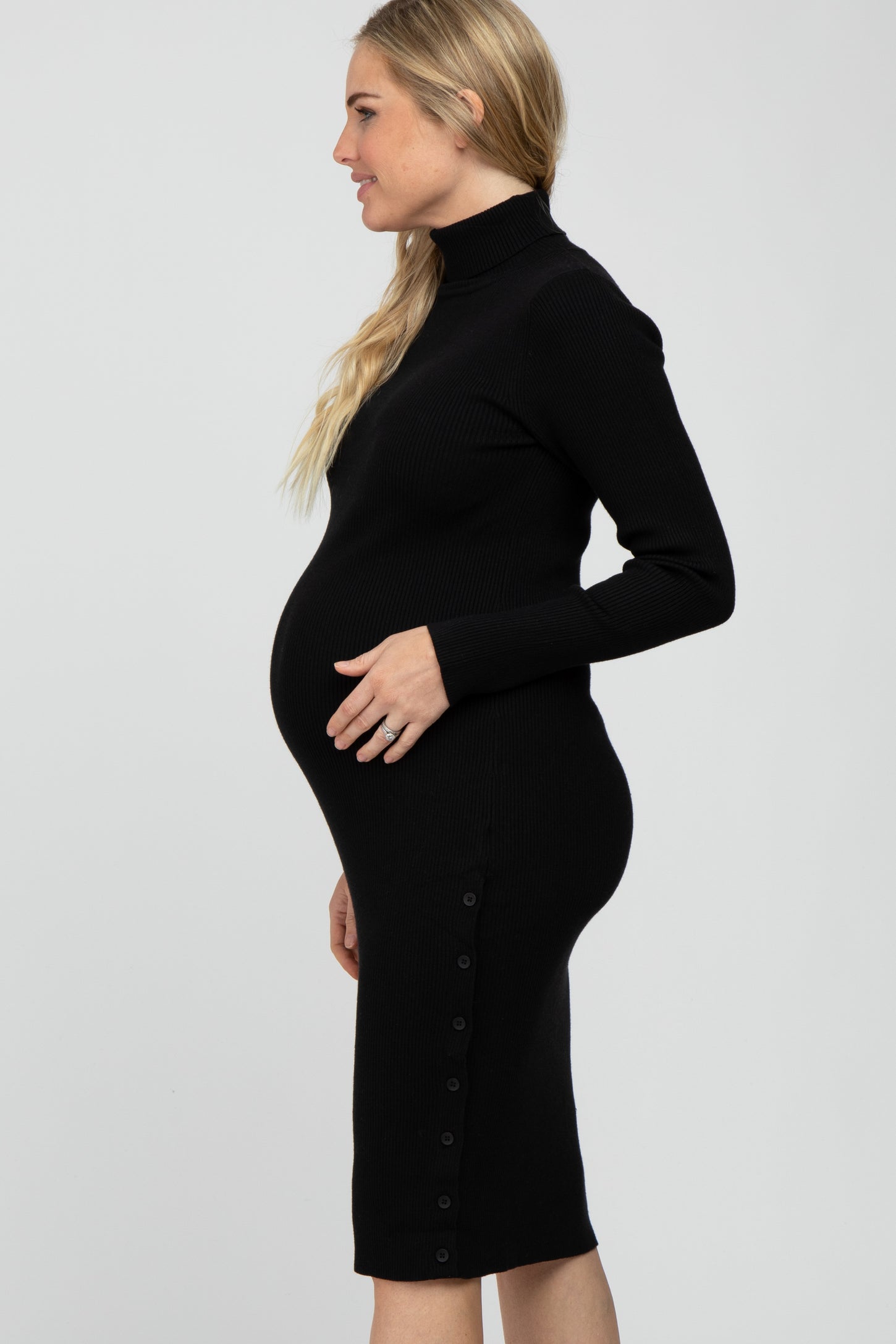 Black Ribbed Turtleneck Button Accent Maternity Midi Dress