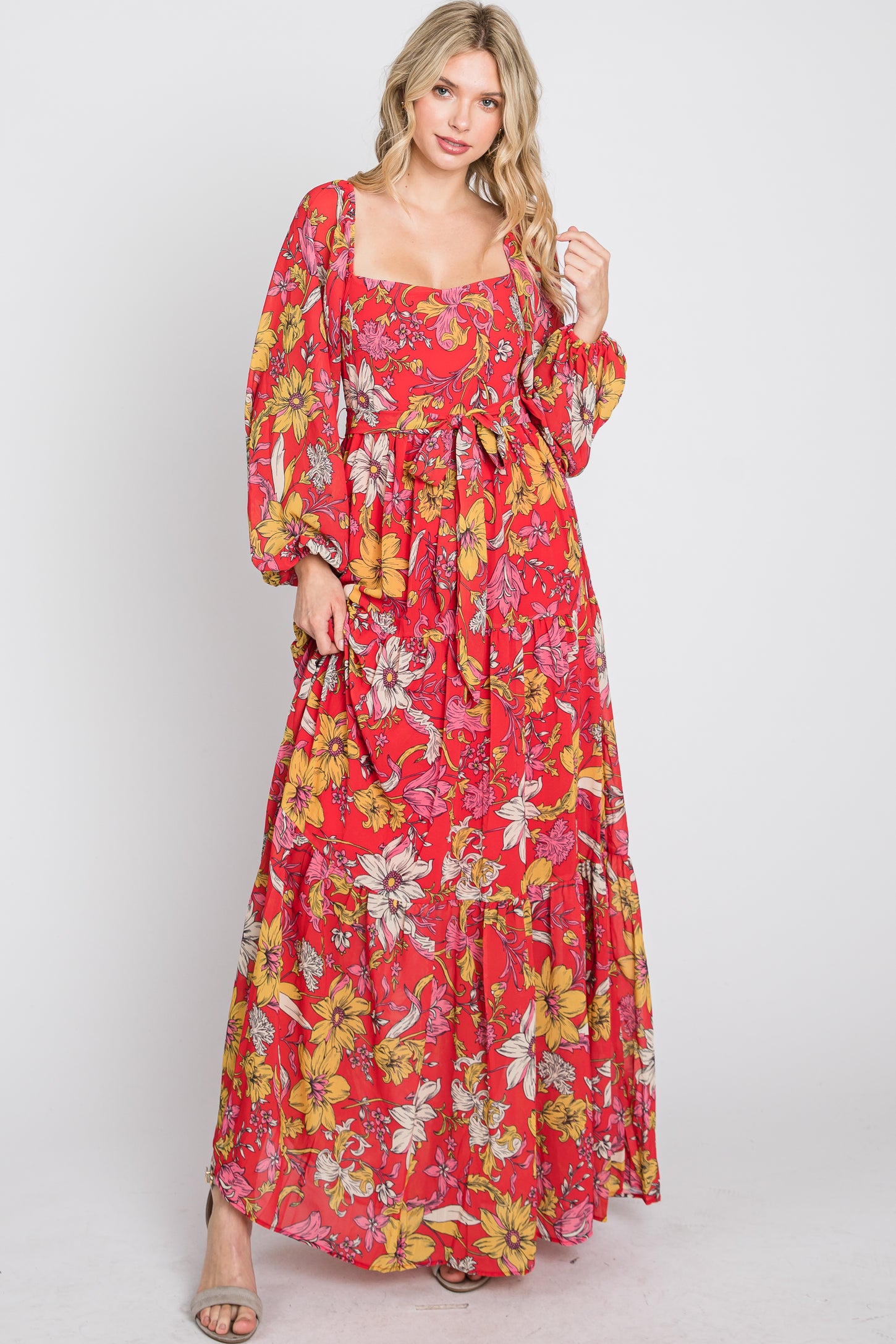 Red Floral Chiffon Square Neck Flowy Maxi Dress
