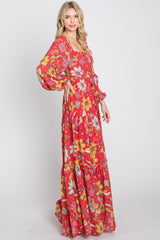 Red Floral Chiffon Square Neck Flowy Maxi Dress