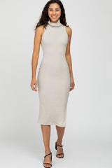 Beige Ribbed Turtleneck Fitted Midi Maternity Dress