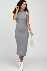 Heather Grey Ribbed Turtleneck Fitted Midi Maternity Dress