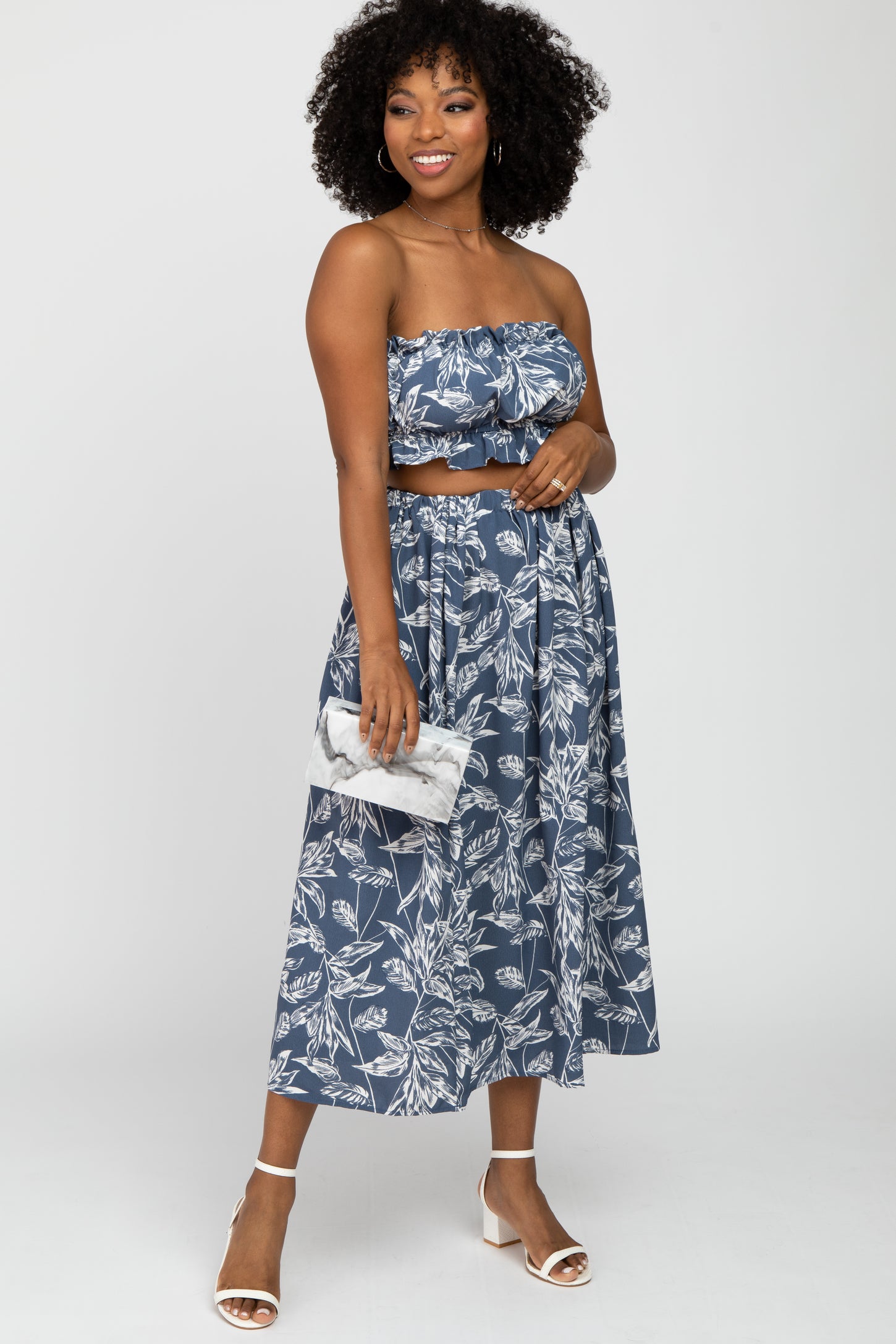 Blue Floral Print A-Line Skirt Set