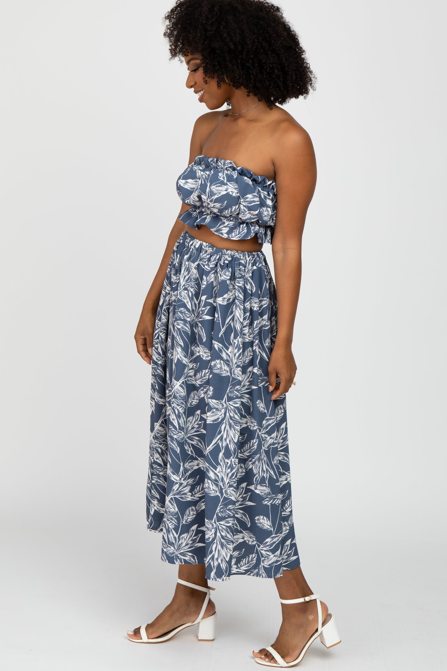 Blue Floral Print A-Line Skirt Set