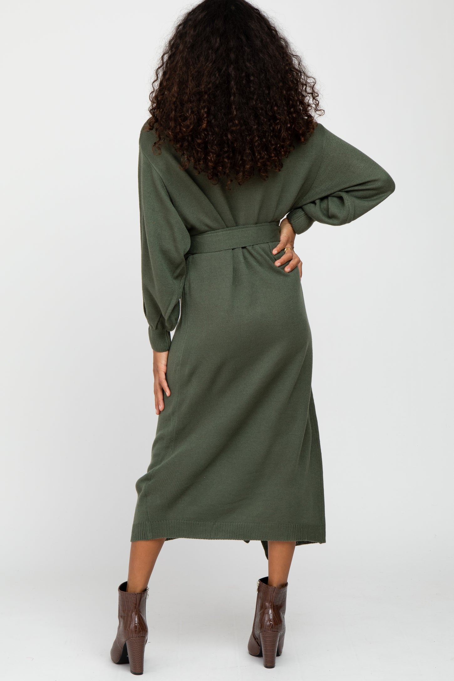 Olive Wrap Sweater Knit Midi Dress
