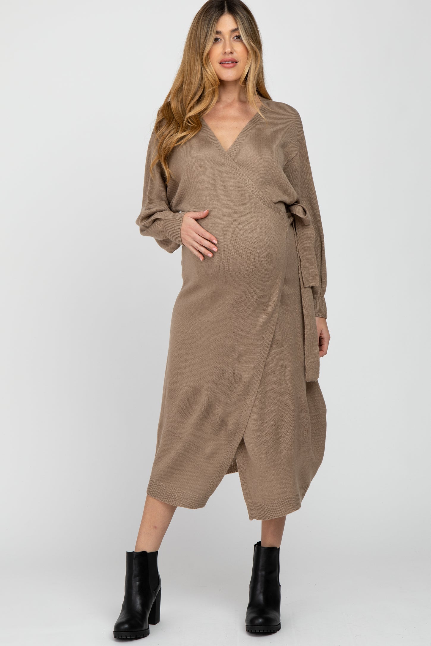 Mocha Wrap Sweater Knit Maternity Midi Dress