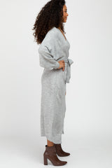 Heather Grey Wrap Sweater Knit Midi Dress