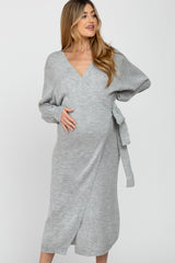 Heather Grey Wrap Sweater Knit Maternity Midi Dress