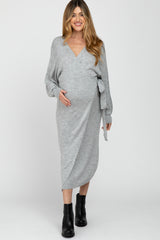Heather Grey Wrap Sweater Knit Maternity Midi Dress