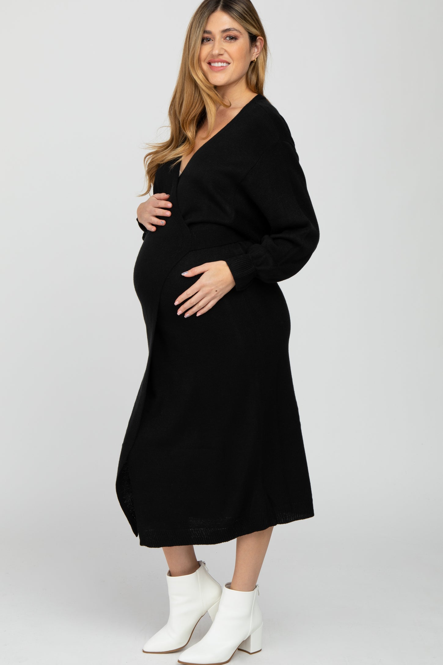 Black Wrap Sweater Knit Maternity Midi Dress