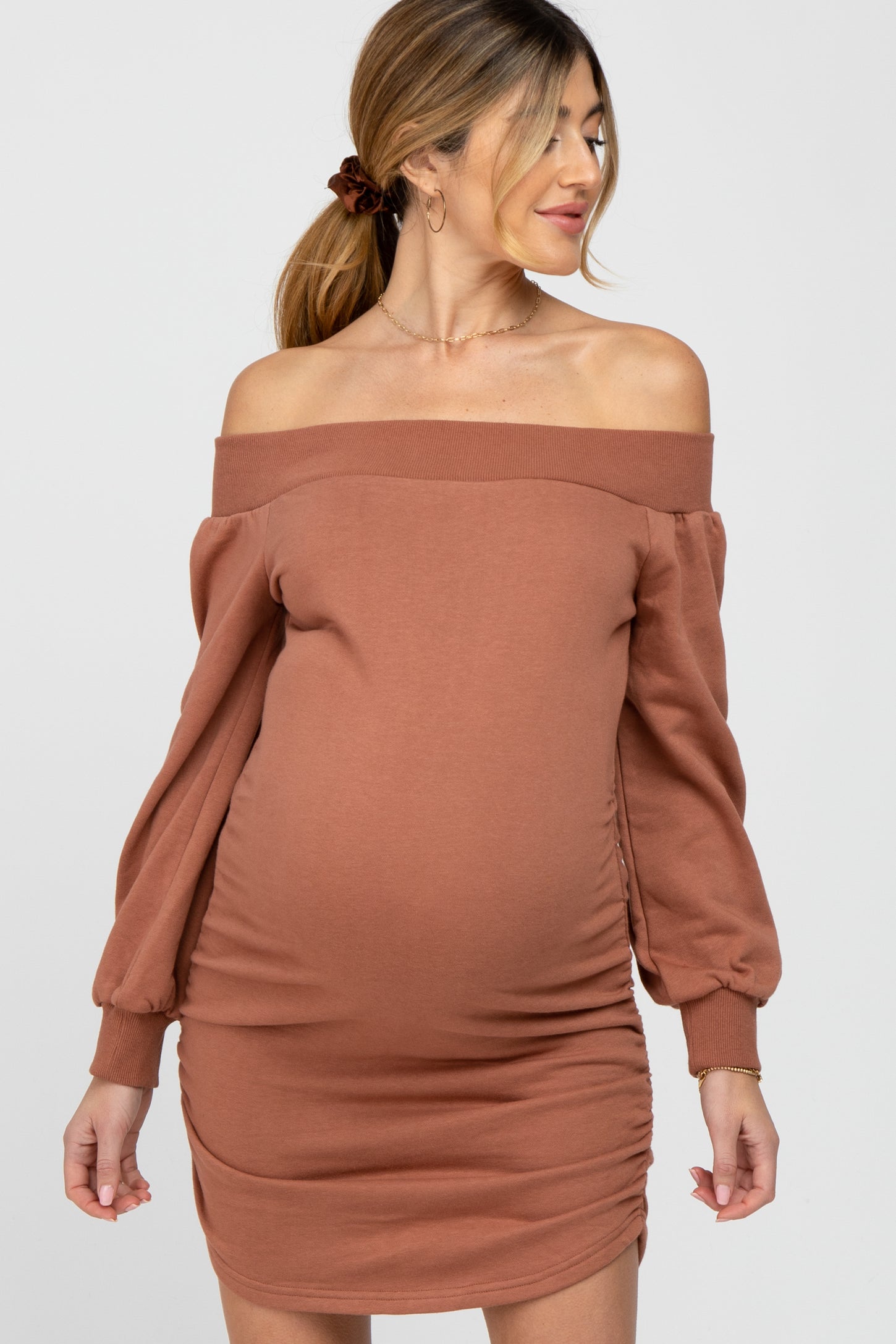 Salmon Off Shoulder Ruched Side French Terry Maternity Dress