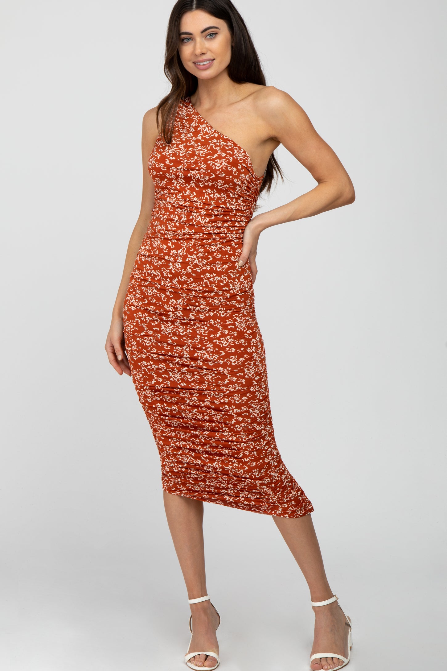 Rust Floral Ruched One Shoulder Maternity Dress