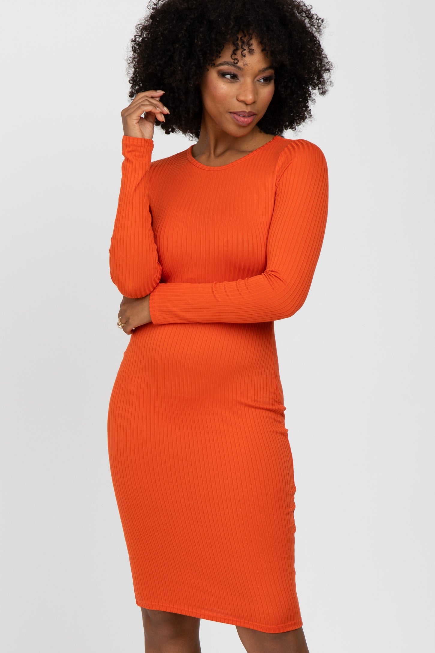 Rust Ribbed Fitted Long Sleeve Dress