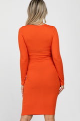 Rust Ribbed Fitted Long Sleeve Maternity Dress