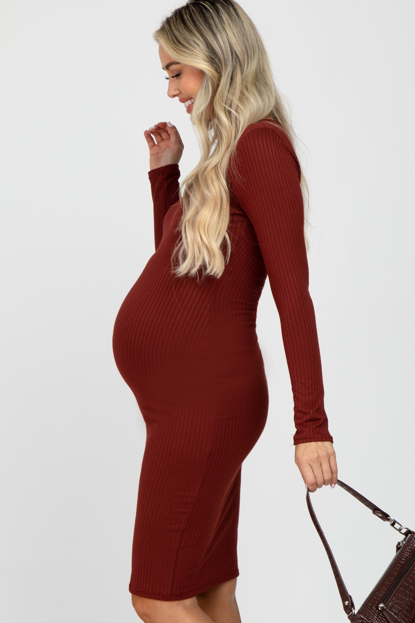 Burgundy Ribbed Fitted Long Sleeve Maternity Dress