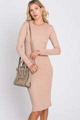 Beige Ribbed Fitted Long Sleeve Dress