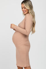 Beige Ribbed Fitted Long Sleeve Maternity Dress