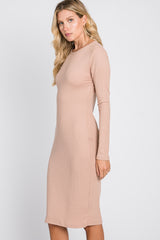 Beige Ribbed Fitted Long Sleeve Dress