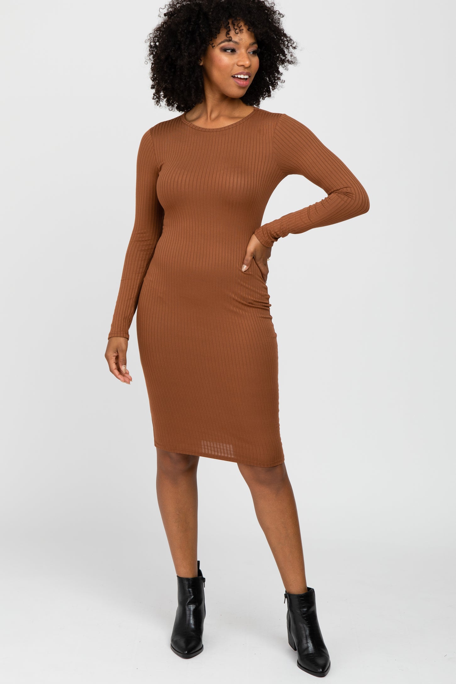 Camel Ribbed Fitted Long Sleeve Dress