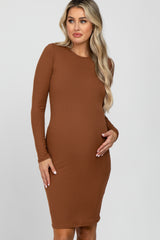 Camel Ribbed Fitted Long Sleeve Maternity Dress