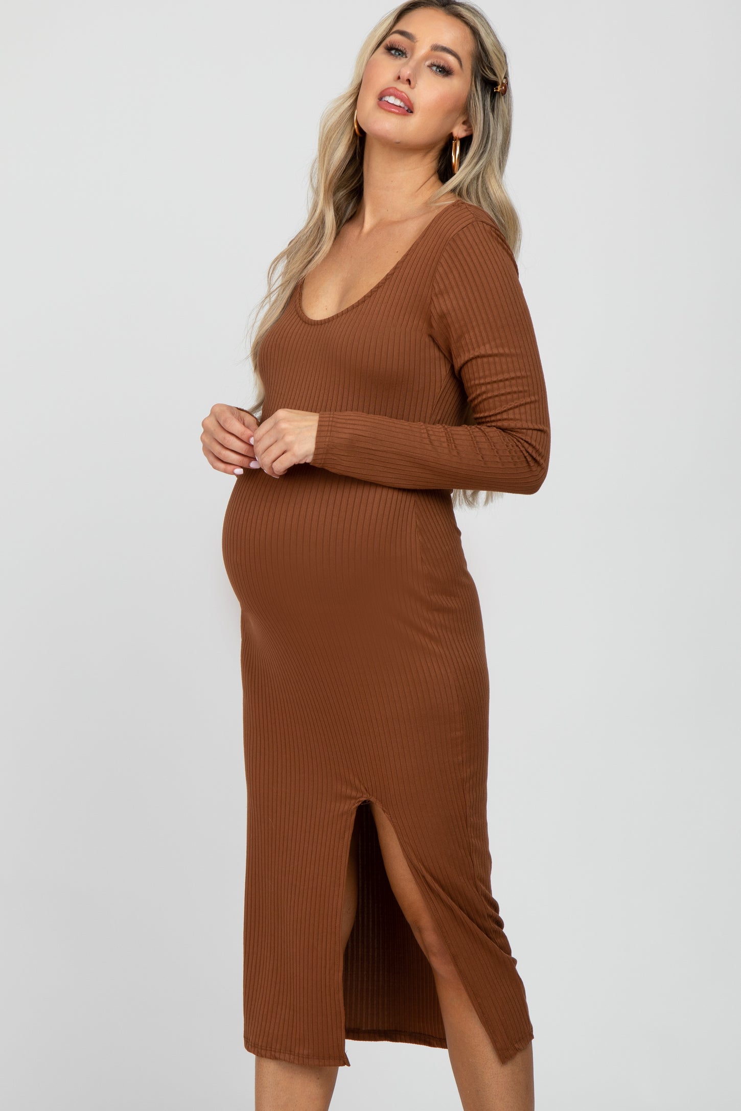 Camel Ribbed Front Slit Maternity Midi Dress