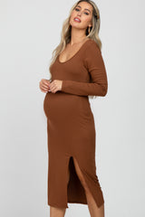Camel Ribbed Front Slit Maternity Midi Dress