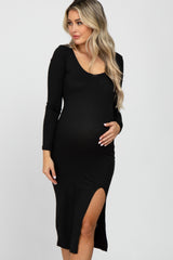 Black Ribbed Front Slit Maternity Midi Dress