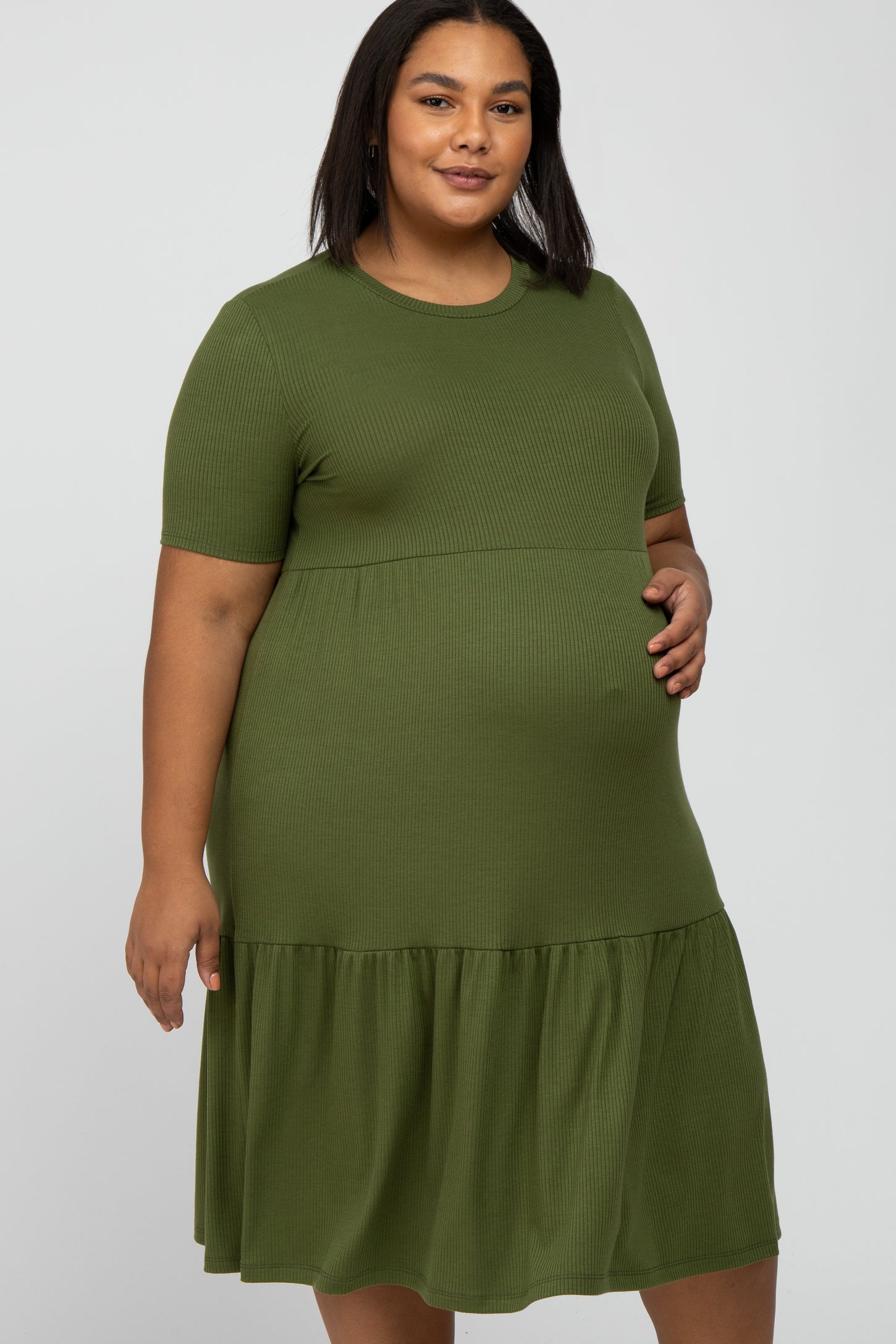 Olive Ribbed Tiered Maternity Plus Dress