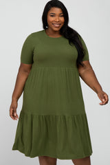 Olive Ribbed Tiered Plus Dress