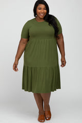 Olive Ribbed Tiered Maternity Plus Dress