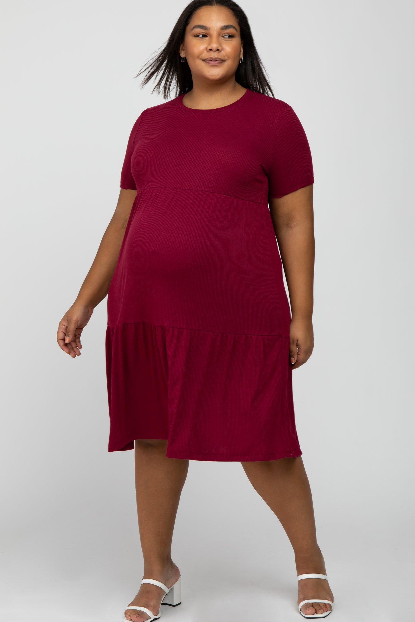 Burgundy Ribbed Tiered Maternity Plus Dress