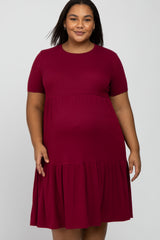 Burgundy Ribbed Tiered Maternity Plus Dress