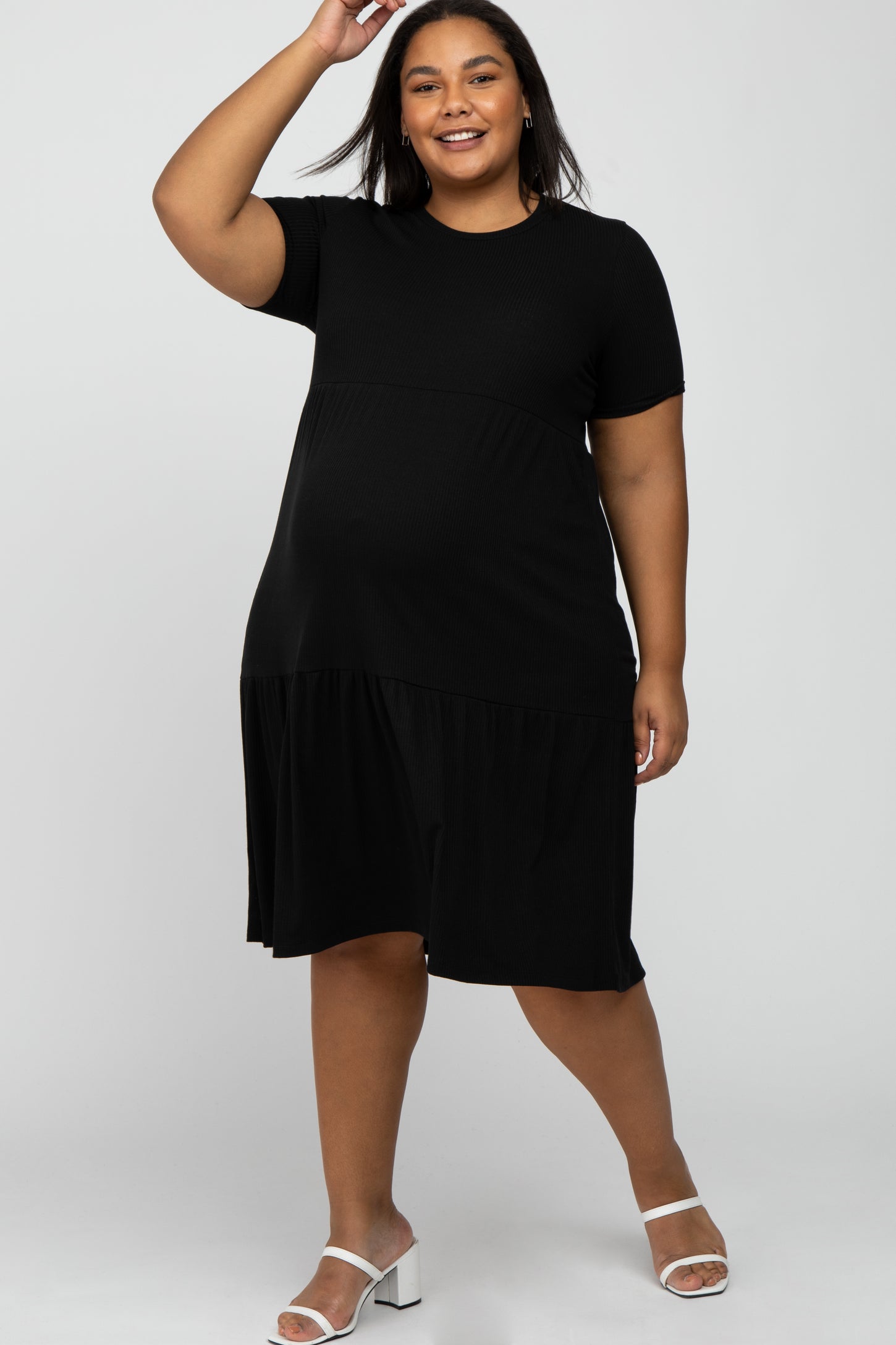 Black Ribbed Tiered Maternity Plus Dress