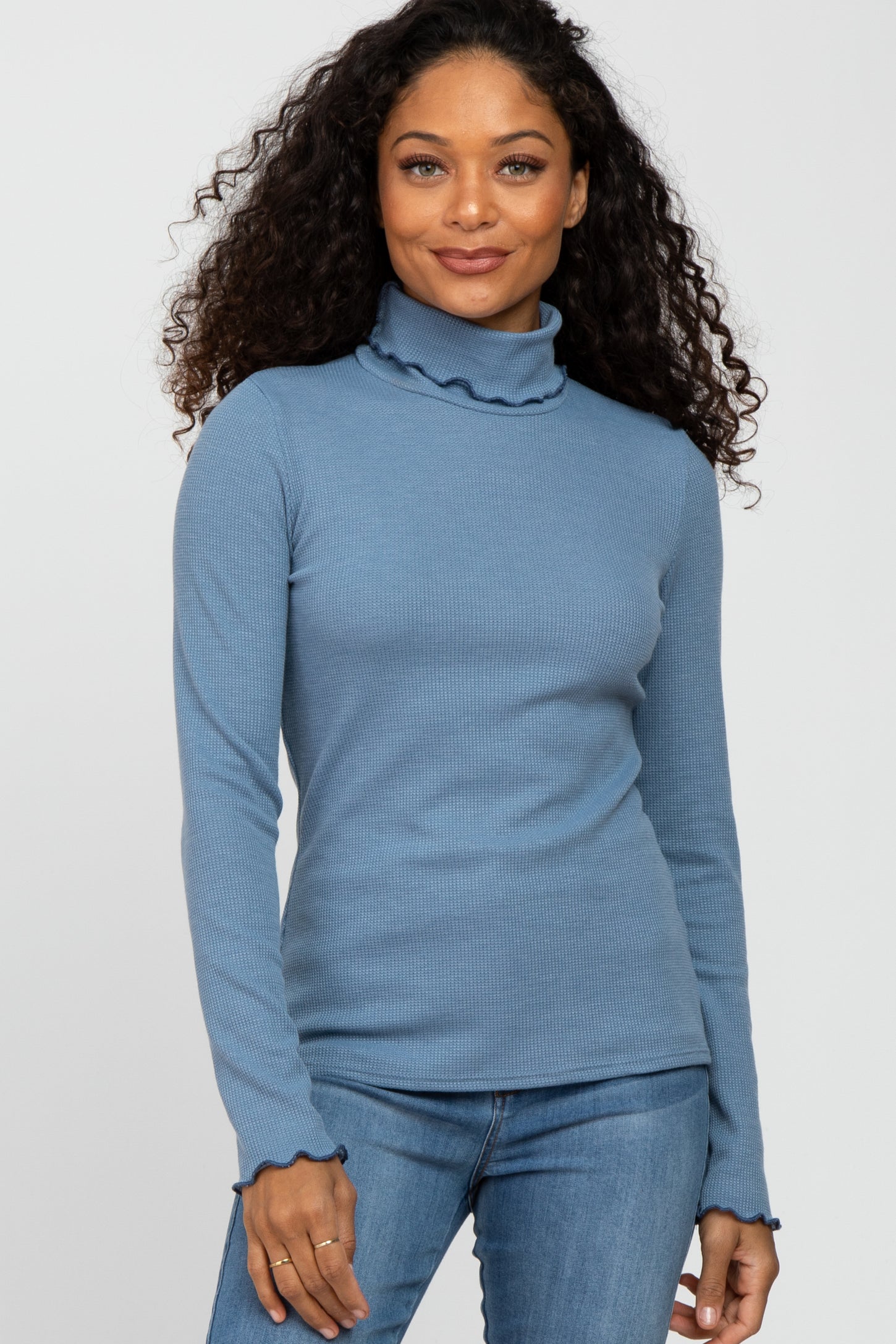 Blue Thermal Knit Turtle Neck Top