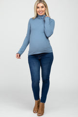 Blue Thermal Knit Turtle Neck Maternity Top