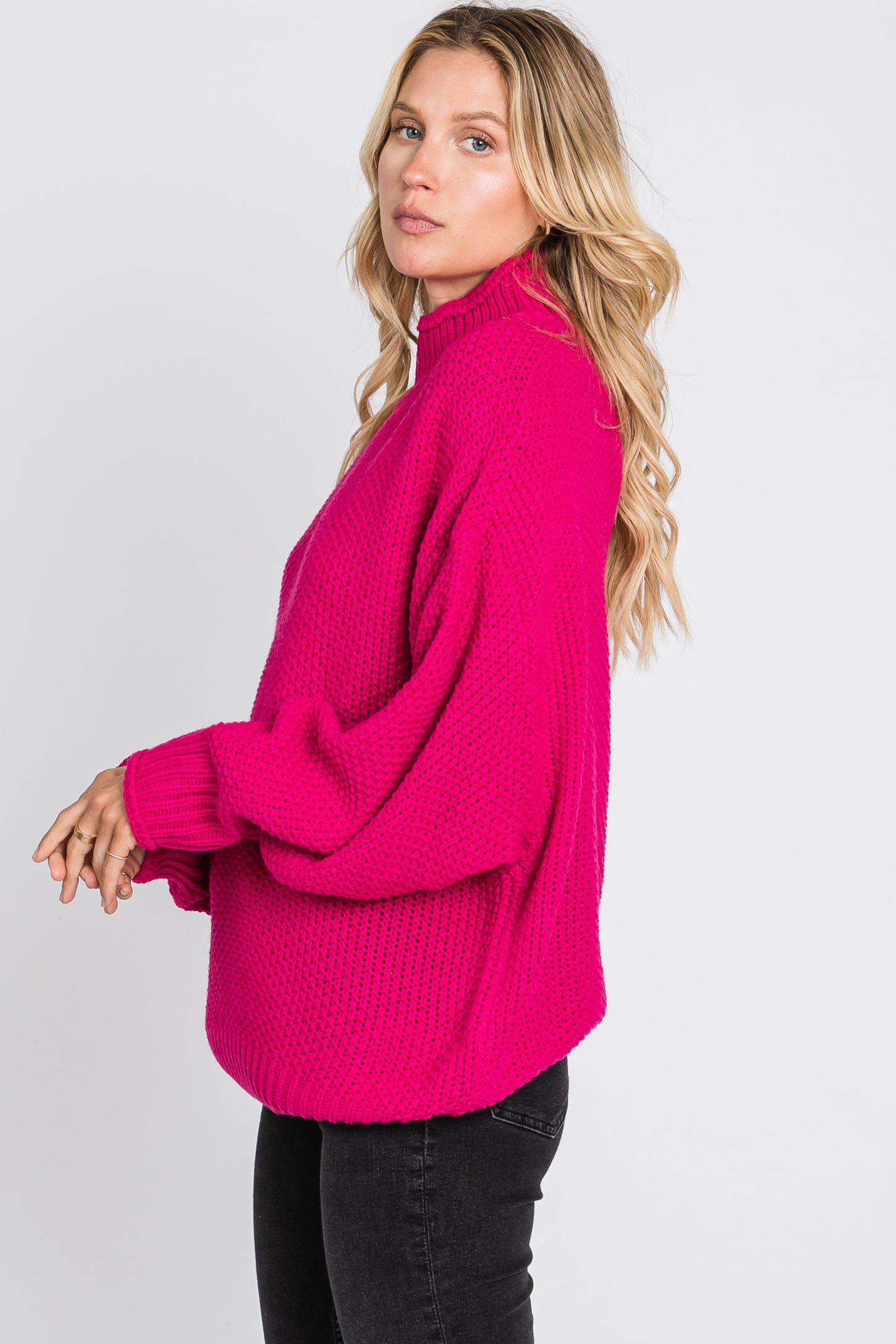 Fuchsia Mock Neck Cable Knit Sweater– PinkBlush