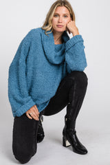 Blue Cowl Neck Cuff Sleeve Soft Knit Maternity Sweater