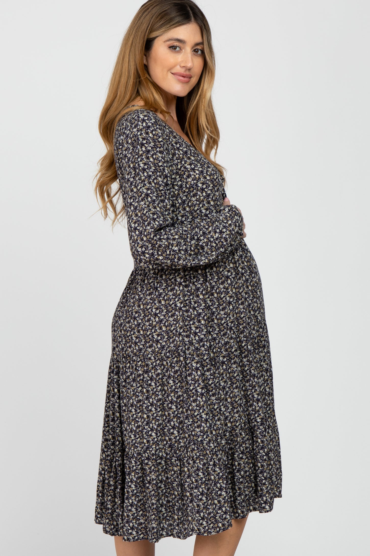 Navy Blue Floral Front Tie Maternity Midi Dress